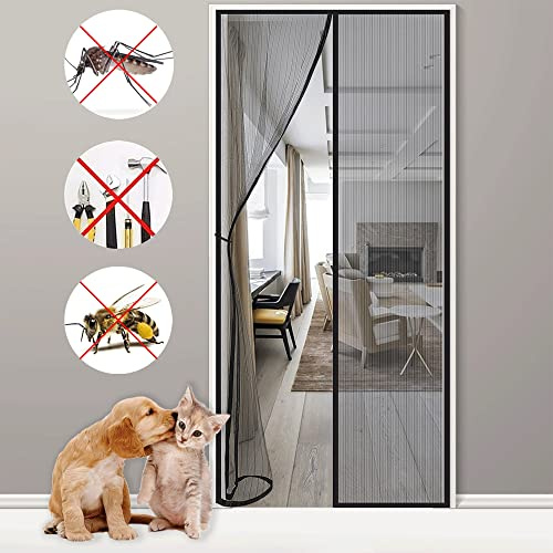 Fly Screens for Doors, 210x220cm Durable Polyester Mesh, Full Frame Magic Tape, Magnetic Top-to-Bottom Seal Snaps Shuts Automatically, Keep Fresh Air in Black