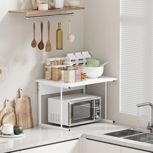Menaka 2 Tiers Microwave Oven Rack White Kitchen Unit Storage Baker Shelf for Tabletop Countertop, Home Office Desktop Printer Rack Shelf Free Standing Metal Frame with Wood Tabletop