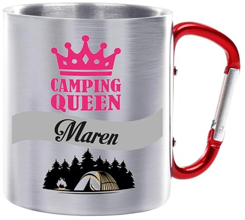 Crealuxe Edelstahltasse mit Karabiner - Camping Queen Wunschname - 330ml, Tasse personalisiert, Kaffeetasse, Bürotasse, Metalltasse mit Name, Campingzubehör