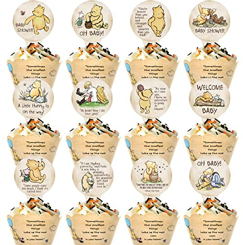 72 PCS Winnie Baby Shower Cupcake Toppers and Wrappers Set (36 of each), Classic the Pooh Party Supplies for Birthday Party or Bridal Shower Decoration