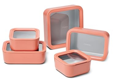 Caraway Glass Food Storage Set, 14 Pieces,Ceramic Coated Food Containers,Easy to Store, Non Toxic Lunch Box Containers with Glass Lids,Includes Storage Organizer & Dot & Dash Inserts,Perracotta