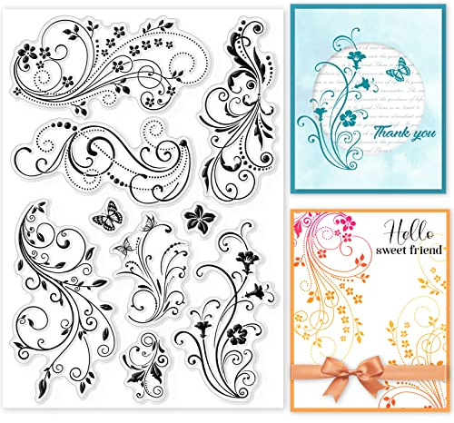 GLOBLELAND Flower Vine Lace Clear Stamps Decorative Flourish Butterfly Silicone Clear Stamp Seals for Cards Making DIY Scrapbooking Photo Journal Album Decoration, 21x14.8cm/8.3x5.8inch