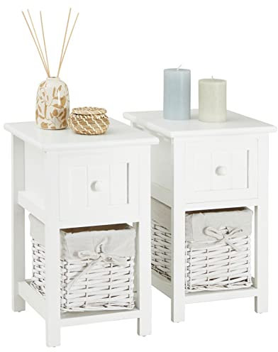 CARO-Möbel Nachttisch Messina 2er Set in weiß - Kleiner Ablagetisch mit Schublade & Korb, Schlafzimmer Landhaus Beistelltisch mit Stauraum, aus Paulownia-Holz