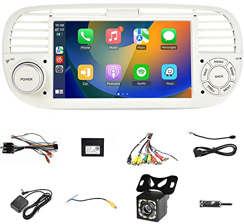 Wireless Carplayer Android Auto Car Stereo Compatibile for Fiat 500 2007-2015 7 Touch Screen Android 9 Radio con FM RDS, GPS, WiFi, SWC, BT, Mirror Link, Canbus, 12LED Telecamera di backup 1+32G