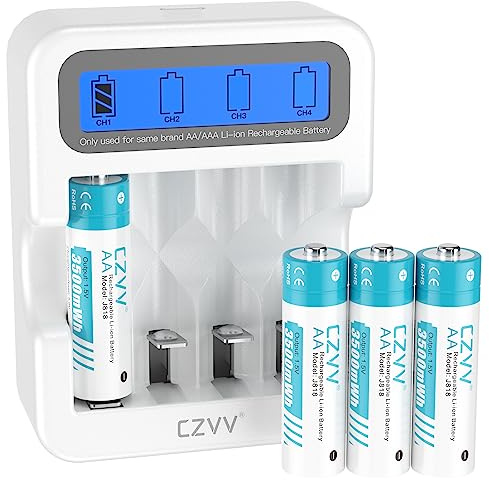 czvv Piles Rechargeables AAA 1,5 V - Lot de 4 Entièrement Rechargées avec LCD Chargeur Ultra Rapide 2H pour, Haute Capacité Longue Durée 1100 mWh, Temps de Cycle Jusqu'à 1300x, Sortie Constante(Blanc)