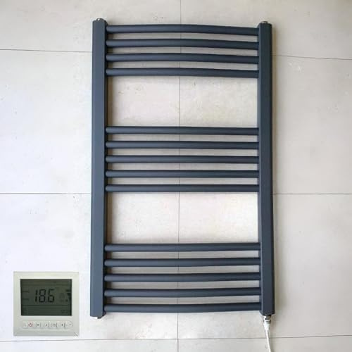 Greened House Anthracite Electric Towel Rail 500mm W x 800mm H + Timer | Curved Design, Includes 7 Day Timer/Thermostat, Heated, Bathroom, Towel Warmer