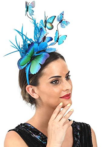 Fascinator Damen Kopfschmuck Hochzeit Hüte Hat Clip Haarclip Hut Stirnband Mesh Tea Party Kopfbedeckung Frauen Pillbox Hut Haarschmuck für Cocktail Halloween Oktoberfest Gothic Blau