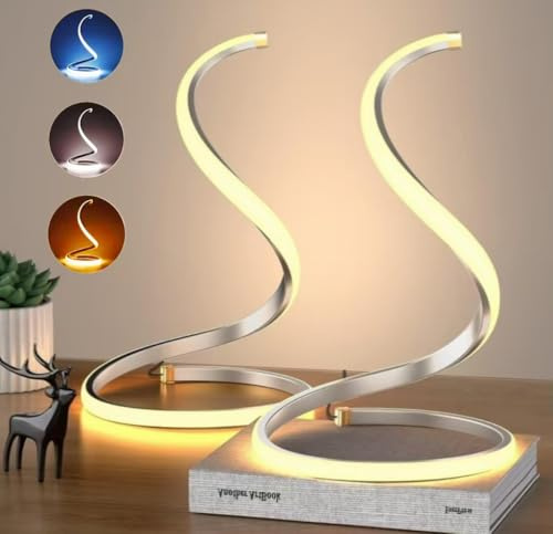 Miawtro Bedside Lamps, Stepless Dimmable Bedside Lamps Set of 2 with 3 Color Temperatures, Curved Art Decorative Silver Table Lamp for Lighting and Decoration, Modern Lamp for Reading, Living Room