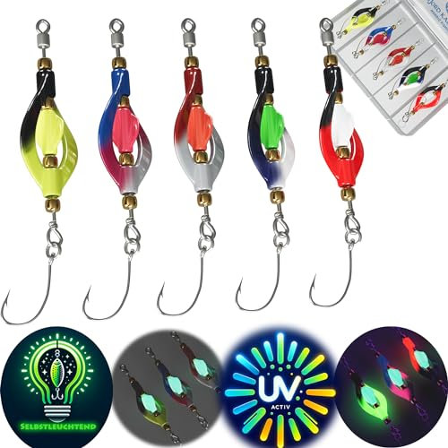 Njord Kalastus Double Spoon Forelle UV-Aktiv und Selbstleuchtend (3,5g) 5cm Twister Spinner Forelle | Forellen Spoon Set 5 Stück in Box | Forellenköder Set zum Forellen Angeln Forellen Köder