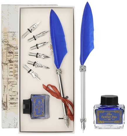 PATIKIL 21,5cm/8,5 Geschnitztes Federstift-Set, Vintage Gänsefederstift mit Tintenset 6 Ersatzfedern für Kalligrafie Schreibfeder Büro Tauchfeder Hochzeitsgeschenke, Dunkelblau