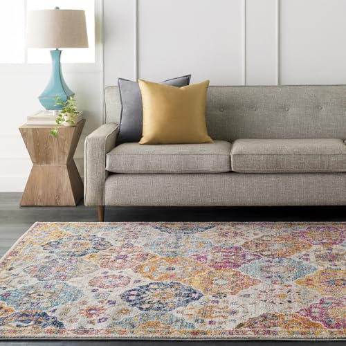 Livabliss Sicily Vintage Rug - Area Rugs Living Room 140x200 cm, Dining Floor, Kitchen, Traditional Multicoloured Boho Style, Easy Care Pile, Bohemian Large Rug, Mustard, Orange, Burgundy and Blue