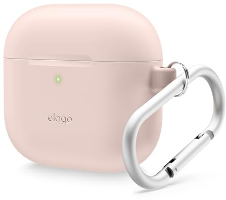 elago Silicone Case with Keychain for AirPods 4 | Premium Silicone Case, Supports Wireless Charging, Shock Resistant, Full Protection, Headphone Accessories (Sand Pink)