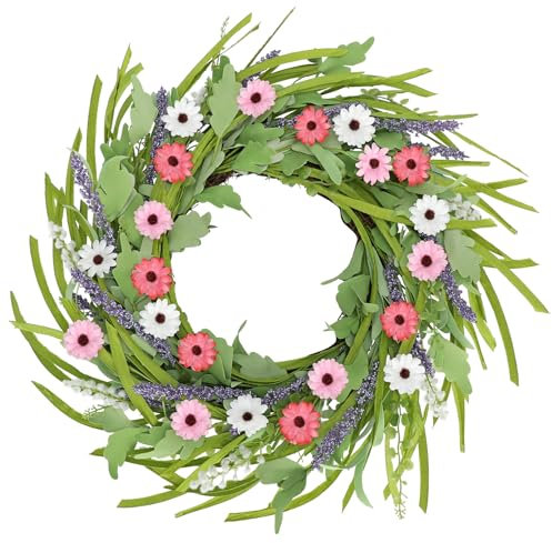 Oairse Spring Wreath for Front Door 24 Inch Artificial Daisy Lavender Wreath Spring Summer Door Wreath Fake Floral Wildflower Wreath for Front Door Wall Home Indoor Outdoor Farmhouse Easter Decor