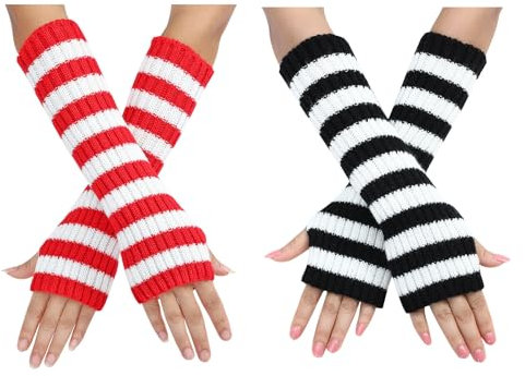 Cosysparks 2 Paare gestreift Winter Knit armstulpen damen, women arm warmers Lange Armwärmer fingerlose Handschuhe gestreift armsleeve mit Fingerlöchern Winter Zubehör für Frauen Mädchen