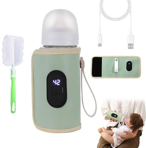 Calentador de biberones para bebé, portátil, con pantalla LCD, 20 niveles, temperatura ajustable, con cepillo para botellas, adecuado para todas las botellas (verde)