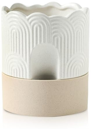 Nihow Self Watering Plant Pot: 6 Inch Ceramic Planter with Drainage Hole & Water Storage Plus - Relief Design Self Watering Pot for Indoor Plants - Beige & Nature Flower Pot