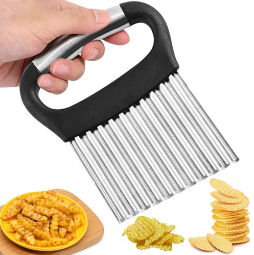 Crinkle Cutter, Stainless Steel French Fry Cutter For Potatoes Cucumbers Carrot, Ergonomic Kitchen Tool Wavy Chopper Waffle Fry Cutter With Handle for Fruits,Vegetables,Salads(Silver+Black)