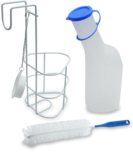 Set aus Urinflasche, Halterung, Bürste für Männer | 1 Liter | 3 Teile | 1000 ml PP-Urinflasche mit Deckel milchig, Reinigungsbürste, Betthalter/Urinflaschenhalter mit Deckel inkl. Kette