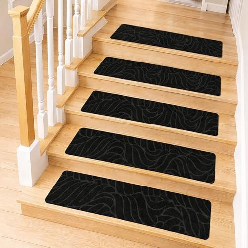 M.J COMFY-LIFE 30 PCS Stair Tread Pads Stair Mats Carpet Non-slip Step Protectors - 65x20cm Reusable Stair Runner Rugs Covers Stair Protection Mats for Home Indoor Pets Kids Elders (Black)