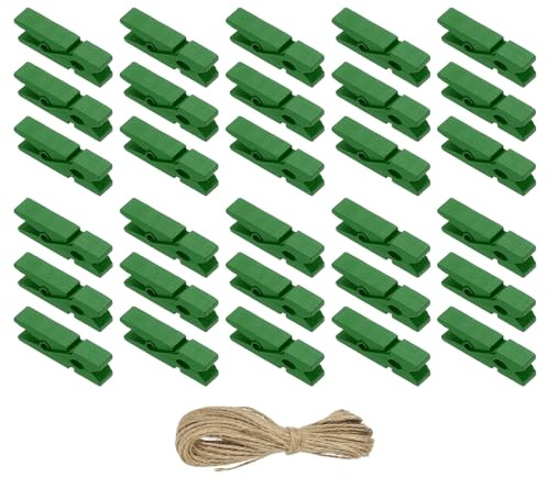 PATIKIL 100Pcs 1.4 Pinzas De Ropa De Madera De Colores Mini Pinzas Verde | De Madera Coloridas, Con Cuerda De Yute De 32Ft, Agarrefuerte, Pinzas Para Fotos Para Colgar Ropa Manualidades