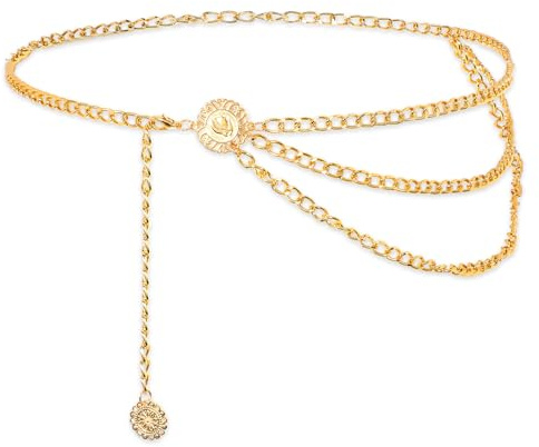 Vin Beauty Multilayer Metal Waist Chain Belt for Women, Fashion Multilayer Adjustable Women Gold Long Belt Body Belly Jewelry for Dresses Jeans Trousers