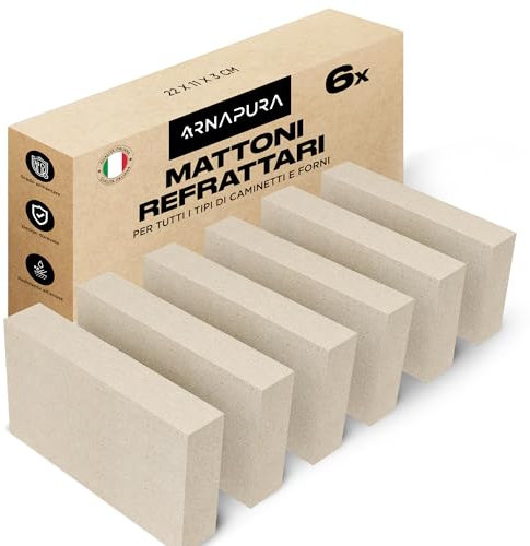 ARNAPURA Pack 6 Mattoni Refrattari 22 x 11 x 3 cm | Realizzati in Argilla Refrattaria | Mattoni Refrattari per Forno a Legna Perfetti per Camini, Forni e Barbecue