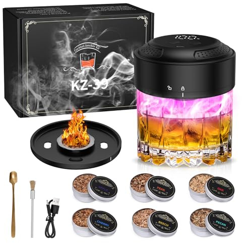 LOFICOPER Electric Cocktail Smoker Kit - Flameless Whiskey Smoker with RGB Light, 6 Wood Chips, Rechargeable & Portable, for Old Fashioned, Bourbon, Scotch Lovers - Men, Dad, Husband