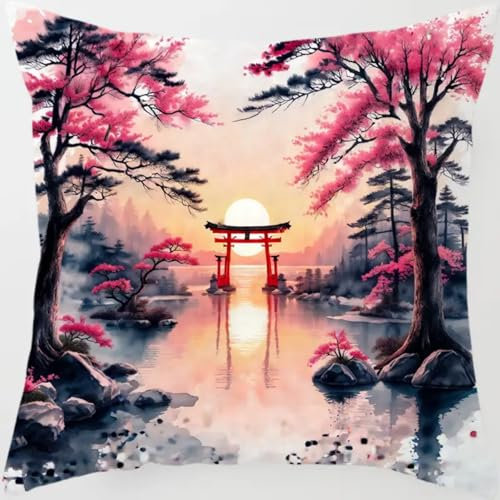 ANSIWEIGO Kit Point Noué Coussin,Canevas à Nouer 43x43 cm,Activité DIY pour Débutants, Enfants et Adultes,Décoration Maison et Cadeau Fait Main,Paysages japonais
