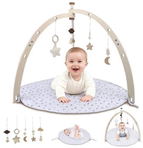 Baby Play Arch, Sensory Motor Skills Toy with 5 Removable Toys, Foldable Wooden Play Arch for Tummy Time and Travel, Montessori Gift for 0-18 Months