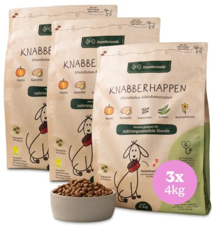 Hunderunde – Trockenfutter für Hunde 3x4kg – Knabberhappen Alleinfutter I vollwertig & pflanzlich I Kann die Verdauung & Fellglanz unterstützen I Kartoffel, Erbse, Leinsaat UVM.