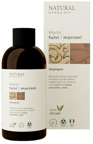 Natural Derma Pet Shampoo per Cani Manti Fulvi e Marroni da 200 ml | Azione Ravvivante e Nutriente con Estratti di Noce, Curcuma e Aloe Vera, Previene l'Opacità – Made in Italy – 100% Vegan