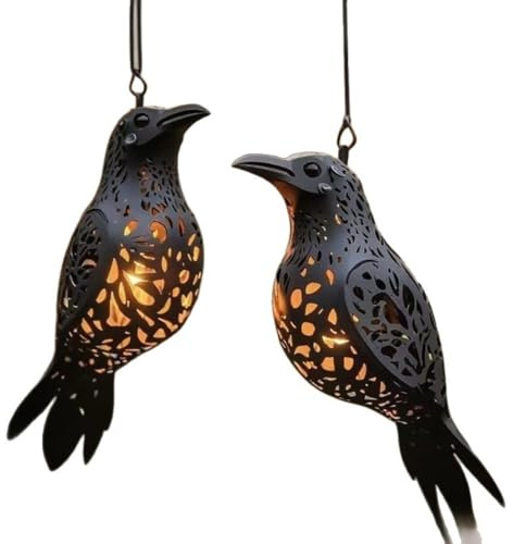 Gothic Raven Hanging Lantern, Unique Halloween Crow Lanterns Decorations, 3D Hollow Hanging Decor with Chain, Light-Up Crow Decor for Garden, Courtyard, Decorative Outdoor(2PCS)