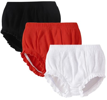 SOBOWO 3-Pack Bloomers for Baby Girls Diaper Covers Ribbed Ruffle Solid Triangle Baby Girl Shorts Summer Toddler Underwear(Black/Red/White-1, 12-18 Months)