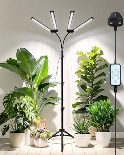 Grow Lights for Indoor Plants, 296 LEDs Full Spectrum Plant Lights Indoor with Stand, Four-Head 180° Swivel Grow Lamp with 4/8/12H Timer, 4000lm Dimmable, 360° Gooseneck, 22''~71'' Adjustable Height