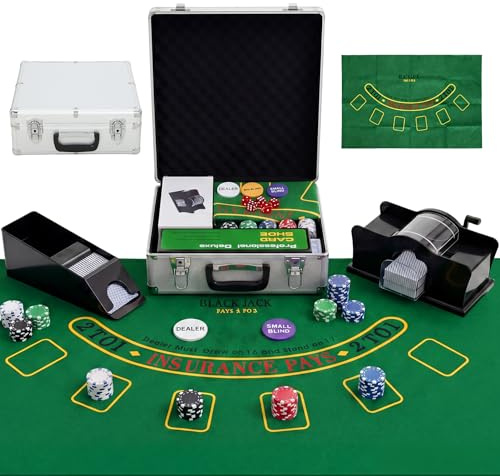 SPORTNOW Valigetta da poker Set completo da poker 500 fiches, custodia in ABS, carte da gioco, dadi, dealer, tappetino, chiavi, per giochi di blackjack e Texas Holdem
