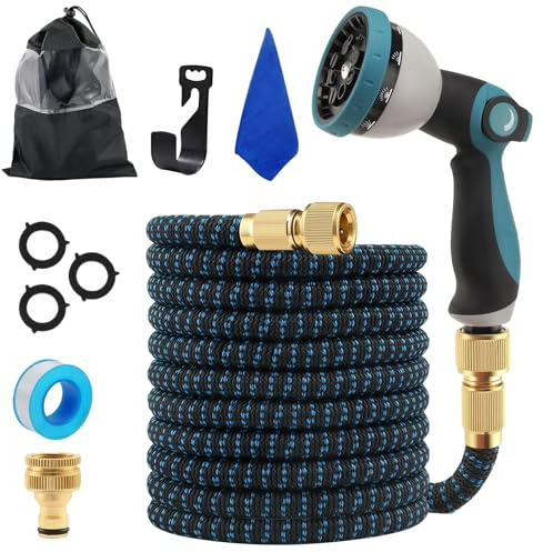 Expandable Garden Hose Pipe - 100FT Flexible Expandable Water Hose with 10-Function Spray Gun, with 3/4, 1/2 Solid Brass Fittings Durable Latex Retractable No-Kink Hose Pipe for Outdoor Pet Bathing