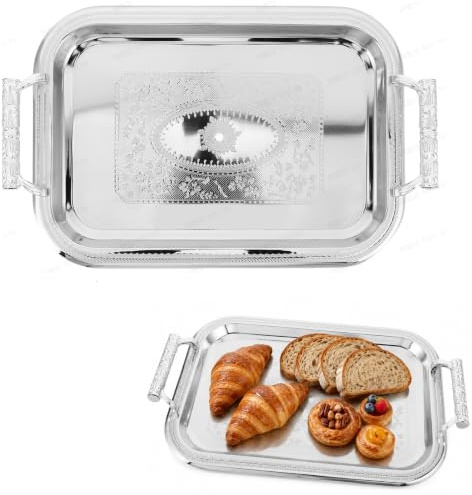 Cabilock Silver Serving Tray with Handles, 36cm Stainless Steel Afternoon Tea Tray, Vintage Rectangular Drinks Platter for Coffee Table, Cakes, Desserts and Vanity Organiser | Raised rim and side grips support coordinated presentation of drinks, cakes, desserts, perfumes and tabletop accessories