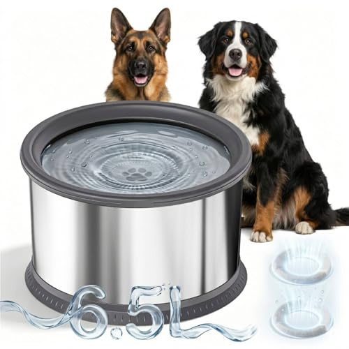 Bostar 6,5L Wassernapf Hund Ohne Sabbern Edelstahl, Auslaufsicherer Trinknapf mit Schwimmender Scheibe & Filter, Runder Anti Schlabber Napf Wasserspender für Mittelgroße/Große Hunde, Spülmaschinenfest