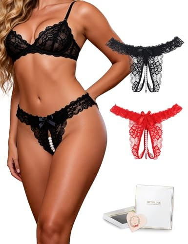 ohmydear Perizoma in Pizzo, Perizoma Aperto, Slip a Vita Bassa, Biancheria Intima Sexy da Donna con Perle nel Cavallo, Mutandine erotiche da Donna, Cavallo Aperto, Lingerie Sexy con Fiocco, L