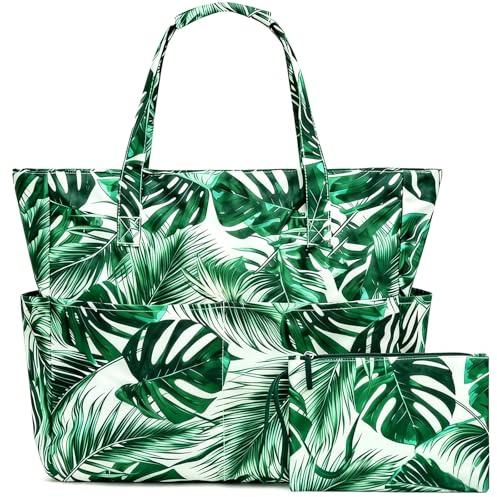 Bolsas de Playa Grandes XXL Familiar, Bolso Playa Impermeable con Cremallera y Compartimentos, Bolsa de Playa Mujer de Lona con Neceser, Plegable para Vacaciones, Piscine (Hojas de palmera verdes)