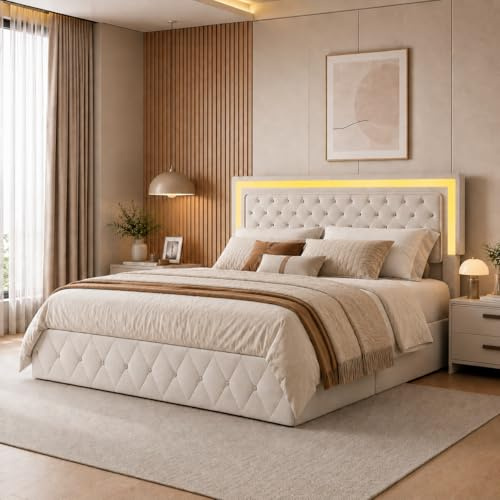 Hoscullo Hydraulisches Polsterbett 140x200 cm, Doppelbett mit Stauraum, Modernes Jugendbett mit LED, Stauraumbett mit Bettkasten, Bettgestell mit Lattenrost, Samt, Beige