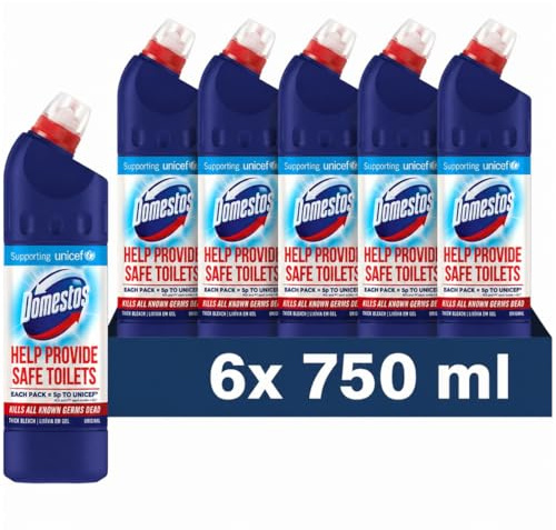 Moco Domestos Original Bleach 6 x 750ml – Kills 99.9% Bacteria & Viruses, Thick Disinfectant Cleaner for Toilets, Bathroom & Household Hygiene