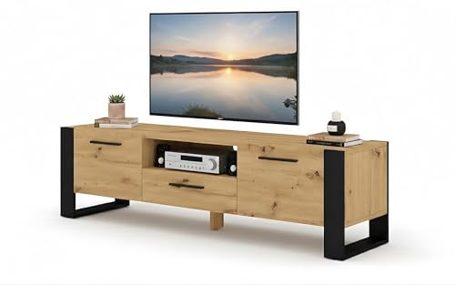 BIM Furniture TV Lowboard Nuka,160x43x48 cm Wohnzimmermöbel, Grifflose Fronten, Viel Stauraum, Stehend TV Möbel für TV bis 60 Zoll - Eiche Artisan/Schwarz Matt