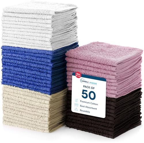 Simpli-Magic Cotton Wash Cloths 12x12 (50 Pack) – Highly Absorbent Soft Towels – Commercial Terry Washcloth for Face, Hand, Bath, Kitchen, Gym & Hotel (Multicolor)