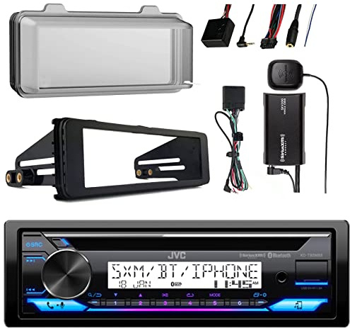 JVC KD-T92MBS Single DIN Marine Bluetooth USB AUX Stereo CD Player Receiver Bundle w with Install Kit, Satellite Radio Kit, Handlebar Control Interface, Radio Cover (Fits Select 98-13 HD Motorcycles)