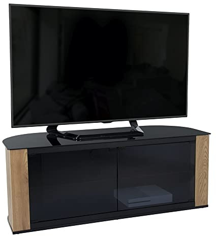 AVF Gallery Corner TV Stand, 1200, Rustic Wood - Black Glass TV Unit With A Rustic Wood Accent - 1.2m Wide - For Up to 60 Screen Size - IR Friendly Doors - Curved Back Design - FS1200GARW