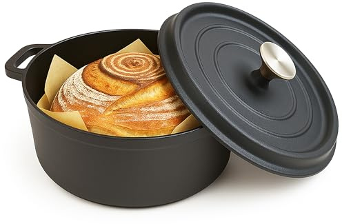 Cuisiland 4QT Cast Iron Dutch Oven with Lid – Pre-Seasoned Heavy-Duty Casserole Pot with Dual Handles & Stainless Steel Knob – Oven Safe, Great for Baking, Roasting, Braising, and Stews