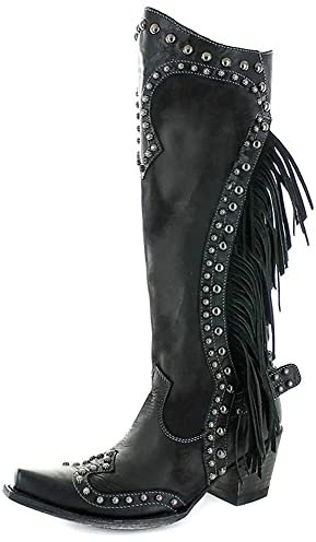 HOTRA Halbhohe Stiefel für Damen Dicker Absatz Exotische Cowboystiefel mit Quasten Ritterreiterschuhe (Color : Schwarz, Size : 40 EU)