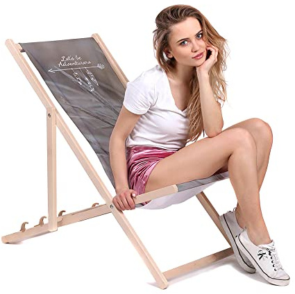DreamRoots Liegestuhl Klappbar Holz aus Buchenholz, bis 130 kg belastbar, 3-Fach verstellbare Rückenlehne, waschbarer Polyesterbezug