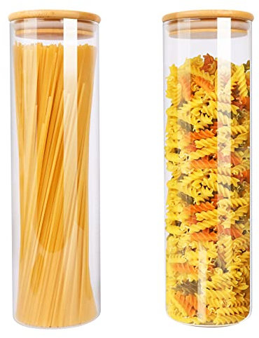 Vorratsdosen Glas 2er Set,1500ML Vorratsgläser mit Deckel aus Bambus, Φ8.5cm Glasbehälter mit Etiketten, Luftdicht Küche Verratsgläser für Spaghetti,Kaffee,Müsli,Bohnen, Spülmaschinenfest, Hoch 28cm